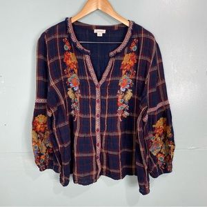 Sundance Zinnia Plaid Embroidered Button Up Floral Top Sz L Metallic